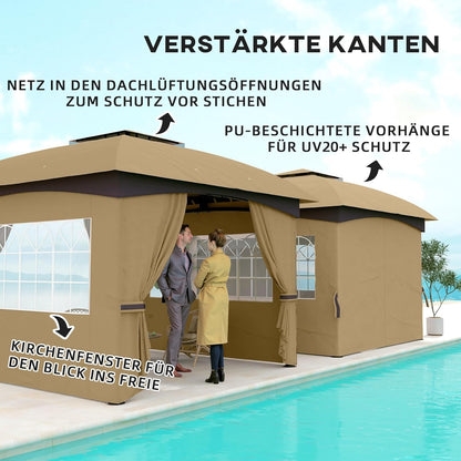 Outsunny Pavillon approx. 3.4x3.4m wasserabweisend Gartenpavillon mit 4 Seitenteilen, Doppeldach, Partyzelt mit UV-Schutz Gartenzelt mit verzinktem Metallrahmen, für Garten Beige - QUORE