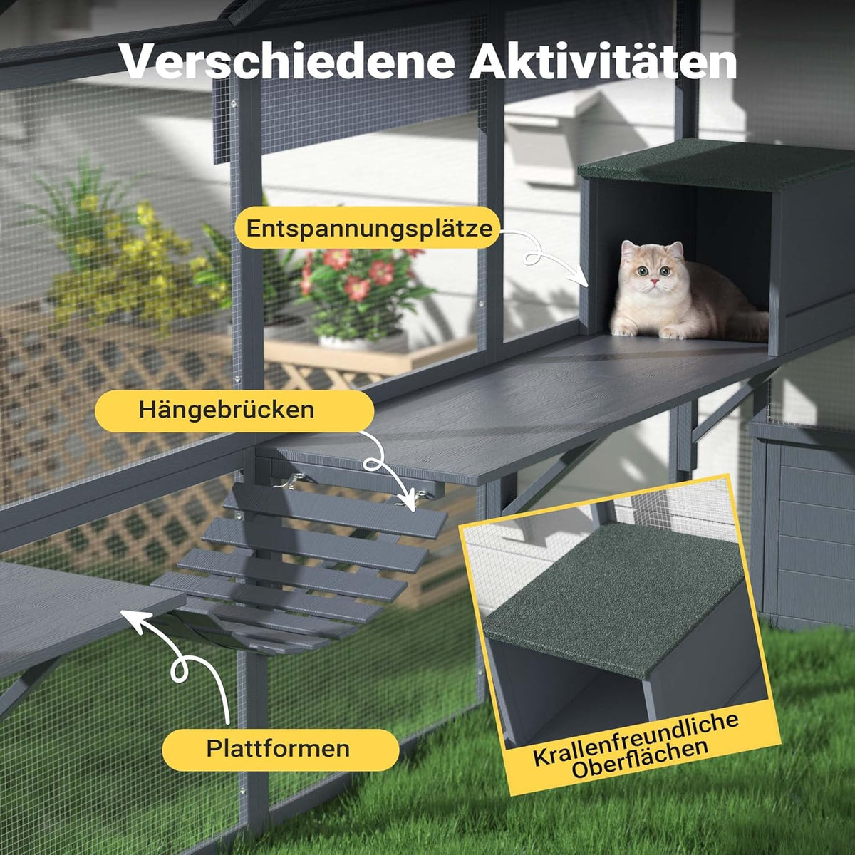 Wiltec kattenren 280 x 187 x 187 cm, buitenverblijf voor katten, speelkooi van dennenhout, kattenkooi voor speelruimte voor katten en huisdieren, kattenvolière met waterdicht dak