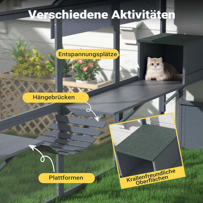 Wiltec kattenren 280 x 187 x 187 cm, buitenverblijf voor katten, speelkooi van dennenhout, kattenkooi voor speelruimte voor katten en huisdieren, kattenvolière met waterdicht dak