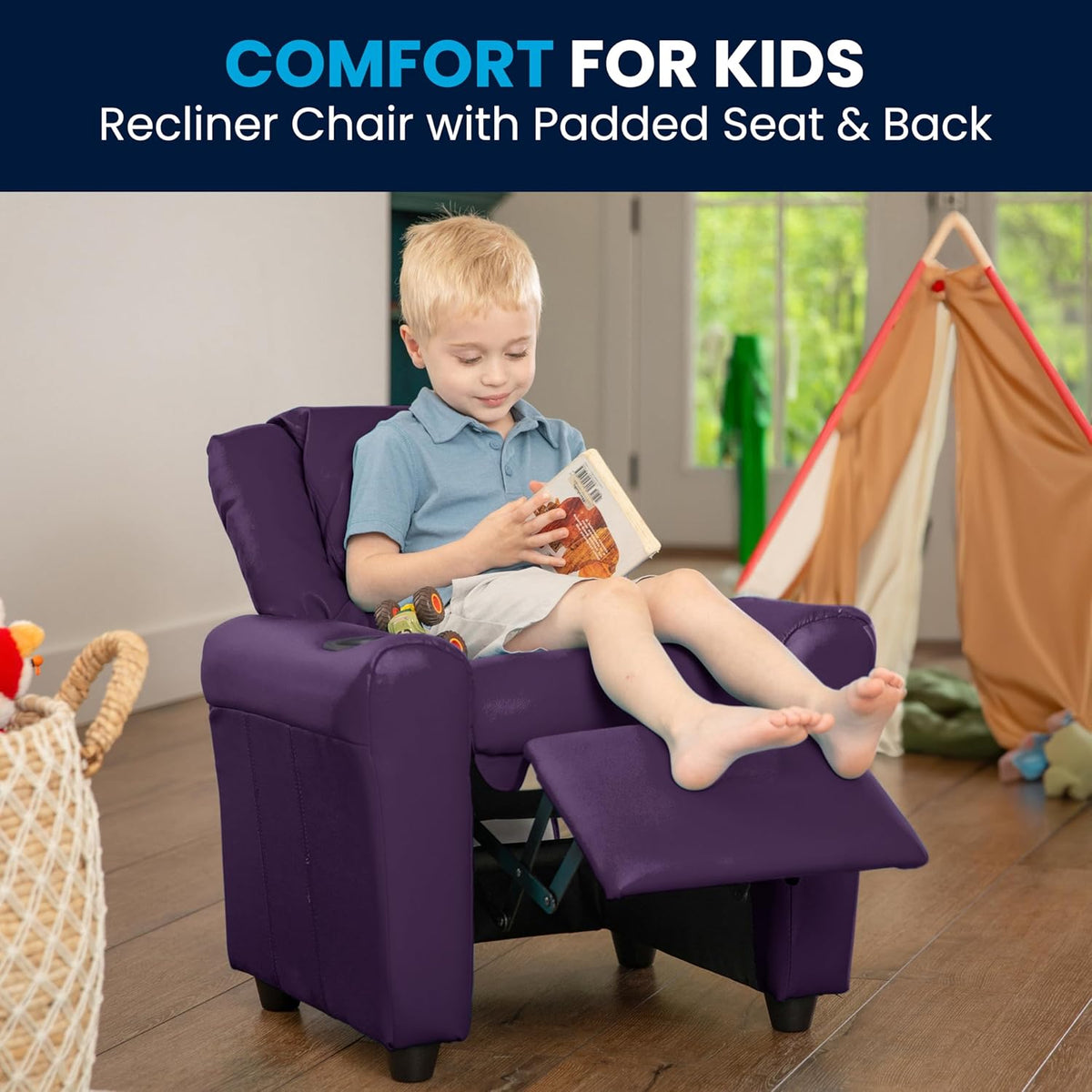 Flash Furniture Hedendaagse kinderfauteuil met bekerhouder en hoofdsteun, hout, paars Vinyl, 60,96 x 48,26 x 48,26 cm
