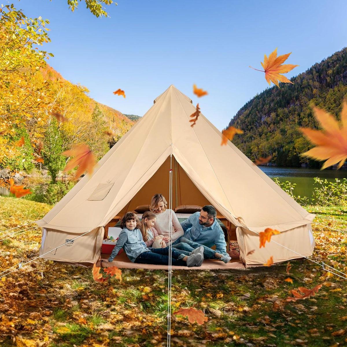 VEVOR Canvas Bell Tent 3-7 m Yurt Tent 4 Seizoenen Familie Camping Tent met Houtkachelgat, Opbergzakken voor Glamping tot 4-12 Personen