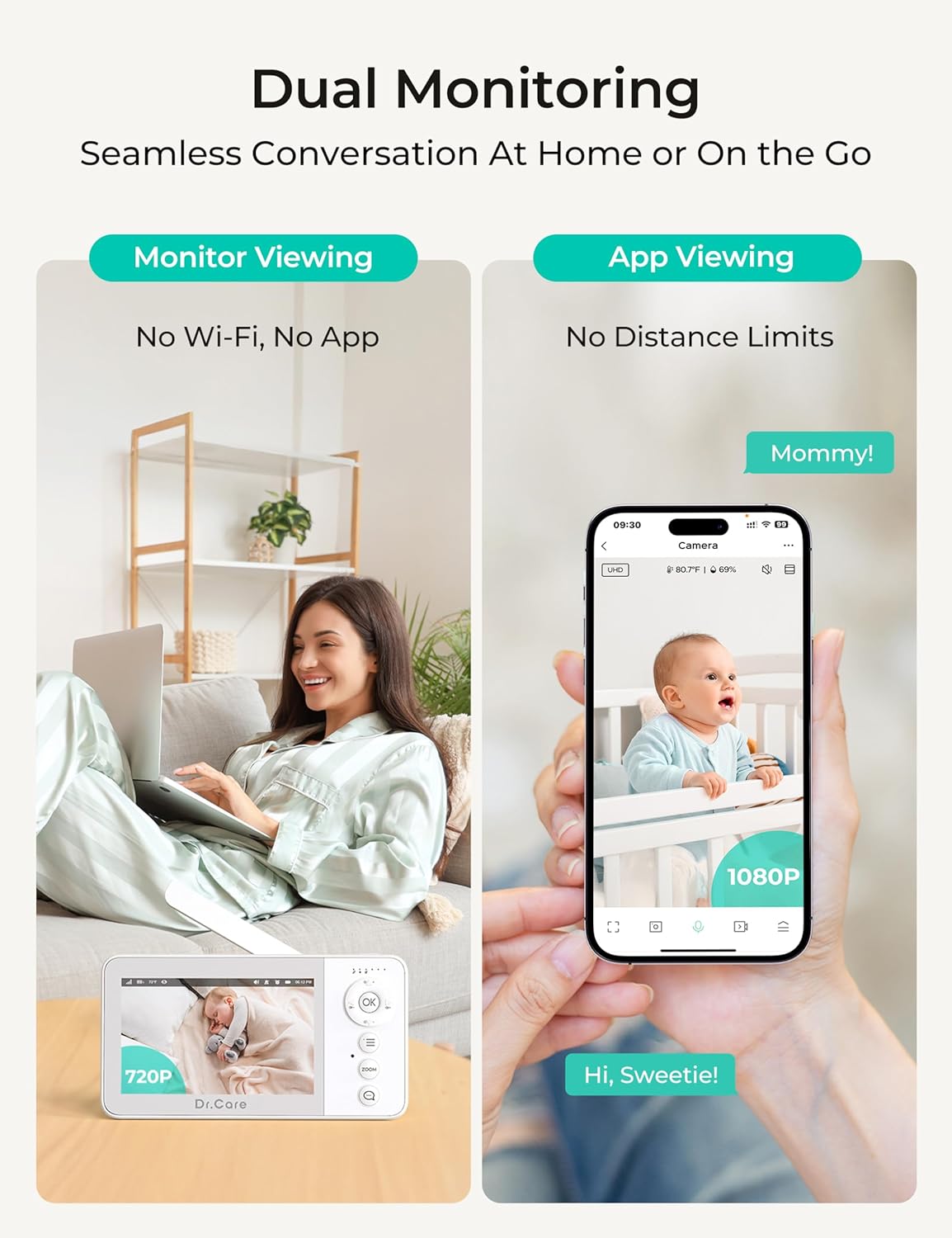 Dr.Care VistaView Lite Smart WiFi babyfoon, 2 camera's, 4 inch 720p split-scherm, 1080p app-bediening, bewegingsdetectie, nachtzicht, 2500 mAh afneembare batterij, 2-weg communicatie, 300 m bereik.