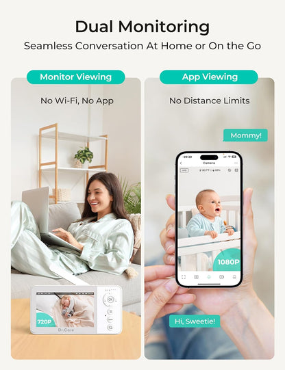 Dr.Care VistaView Lite Smart WiFi babyfoon, 2 camera's, 4 inch 720p split-scherm, 1080p app-bediening, bewegingsdetectie, nachtzicht, 2500 mAh afneembare batterij, 2-weg communicatie, 300 m bereik.