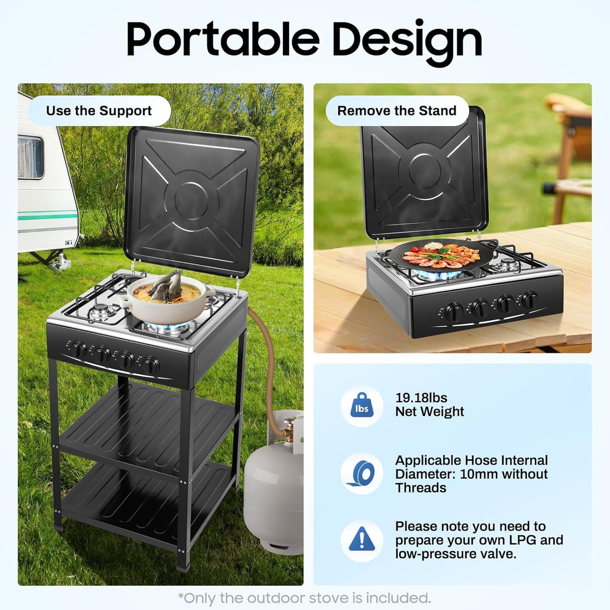 OUKANING 4-Flame Gas Stove Freestanding, Portable Outdoor / Indoor Gas Hob with Wind Protection and Dust Protection, Manual Flammable (Lpg/Ng), Non-Slip Feet and Heat Dissipation (Black) - QUORE