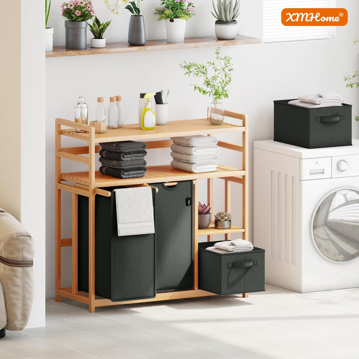 Bamboe wasmand 138 liter, met 2 waszakken en 2 opbergdozen, 4-voudige wassorteerder met dubbele plank, stabiele wasverzamelaar, laundry basket, donkergrijs