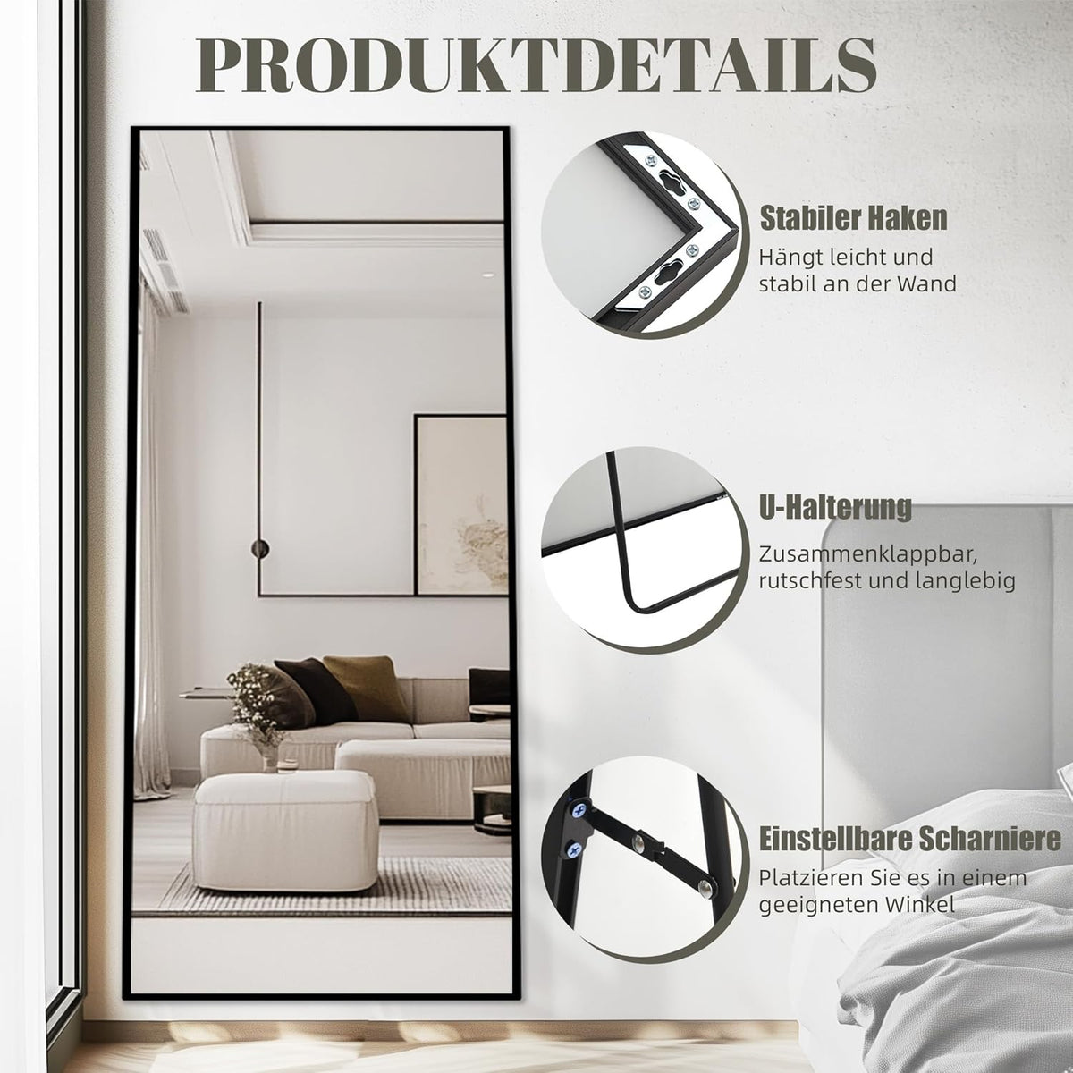 Staande Spiegel – Lichaamsspiegel – Vloerspiegel – Wandspiegel – Passpiegel – 180 x 80 cm – Explosiebestendig Nanoglas – Zwart Aluminium Frame