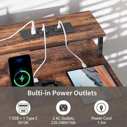 BEXEVUE Modern Bureau Stopcontacten LED - 120x50cm Gaming Computertafel, Toetsenbordlade 4 Omkeerbare Lades, Grote Opbergruimte Boekenplank Werkstation voor Studie Speel Werk Slaap Kamer Thuis Kantoor