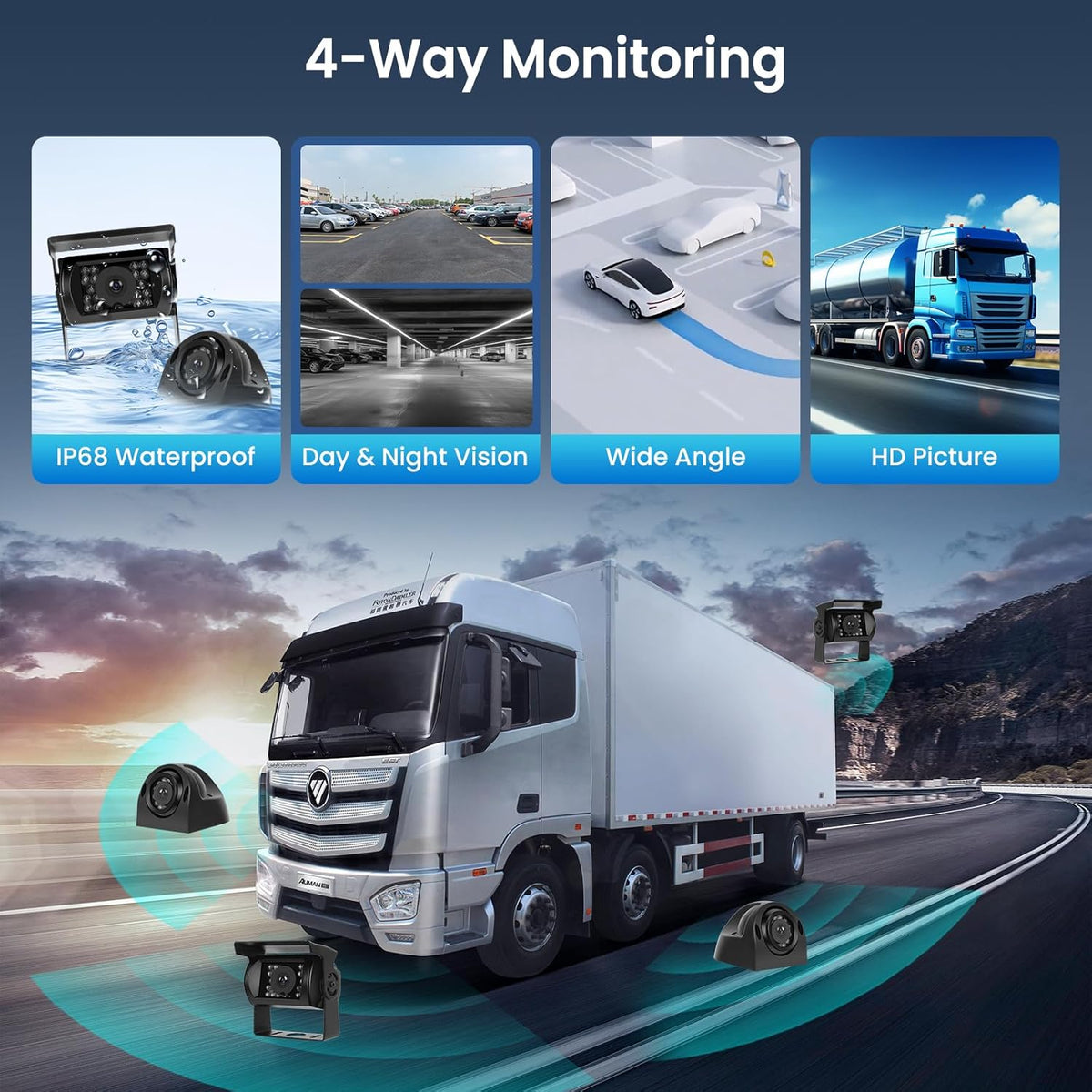 Hodozzy 4 Rear Cameras for 9 Inch 4-Piece Display, Reversing Camera Cable, Walk Recording, IR Night Vision, IP68 Waterproof, for Truck/Trailer (12V-36V) - QUORE