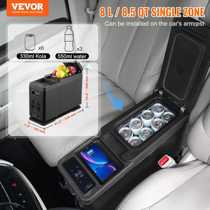 VEVOR Koelbox voor in de auto, 12 V, draagbare 8 l vrieskast, enkele zone, instelbaar temperatuurbereik van -20 °C tot 20 °C, 12/24 V DC/100-240 V AC, compressorkoeler voor buiten, camping