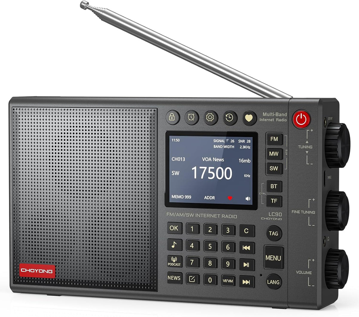 CHOYONG LC90 Wi-Fi/4G internetradio, draagbare FM/LW/MW/SW radio met oplaadbare 5000mAh batterij, 40K radiostations, BT-luidspreker, wekker, 15W stereoluidsprekers, ondersteuning TF-kaart