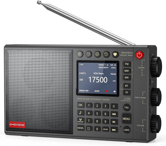 CHOYONG LC90 Wi-Fi/4G internetradio, draagbare FM/LW/MW/SW radio met oplaadbare 5000mAh batterij, 40K radiostations, BT-luidspreker, wekker, 15W stereoluidsprekers, ondersteuning TF-kaart