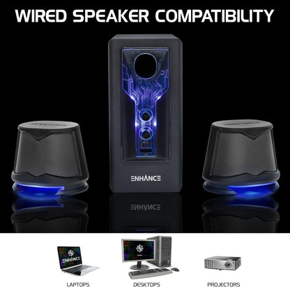 ENHANCE SB 2.1 Computerluidspreker met subwoofer – blauwe led-gamingluidspreker, high-excursion-geluidssysteem, AC-voeding, volume- en basregeling, compatibel met gaming-pc, desktop, laptop