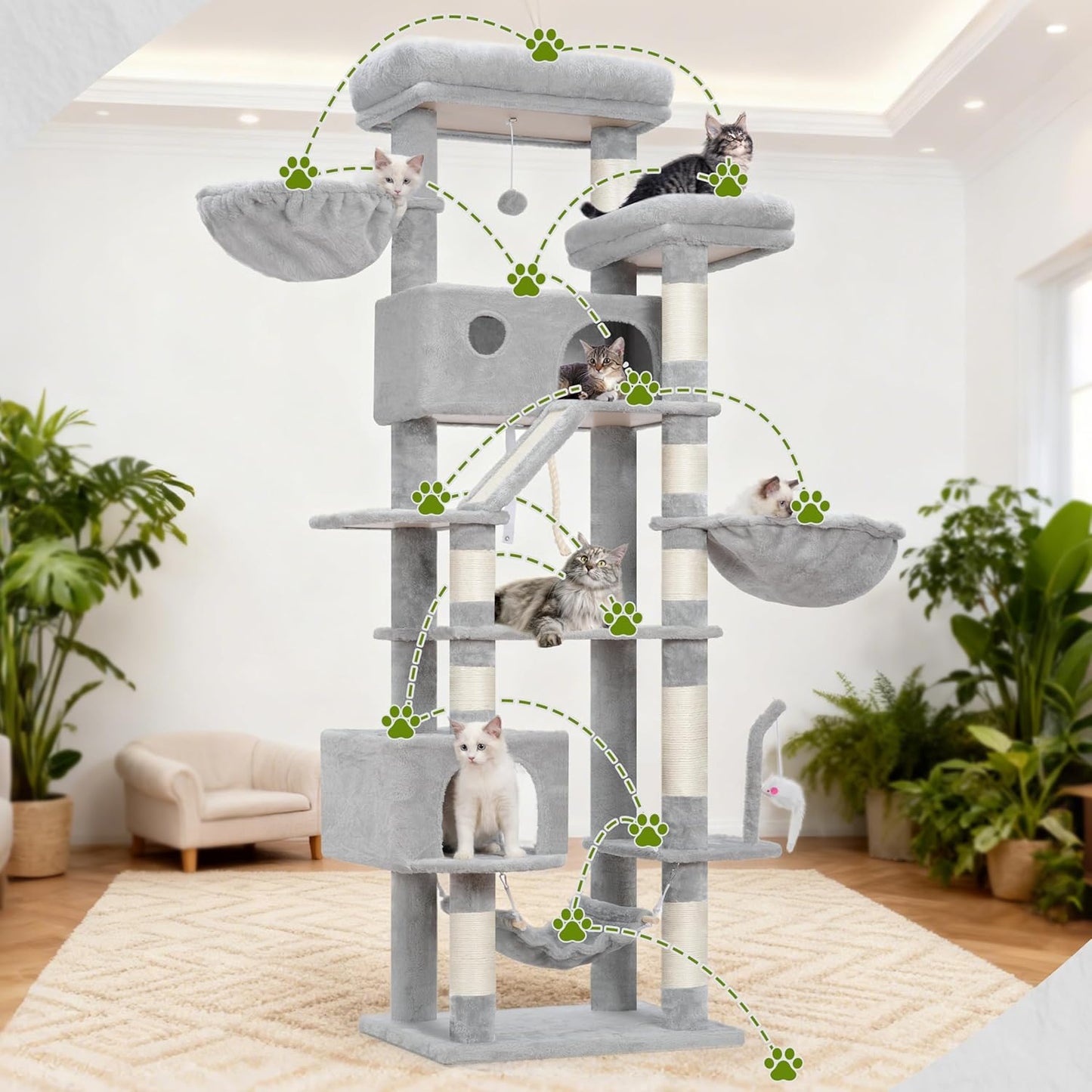 Krabpaal groot, kattenboom grote katten stabiel voor binnen, 200 cm kattenkrabpaal met ruime platforms, kattenholen, hangmat, sisalzuilen, lichtgrijs GCT031W
