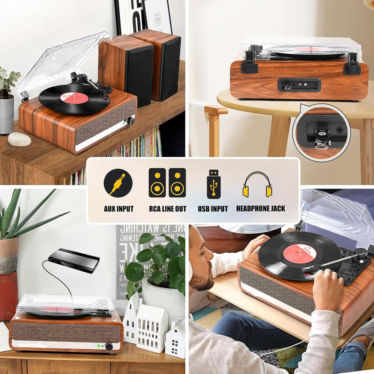 Platenspeler - Geïntegreerde Luidsprekers - Vintage Fonograaf - met Bluetooth-Riemaandrijving - 3 snelheden - voor Muziekgenot - Woondecoratie - Hout - Oranje/Geel