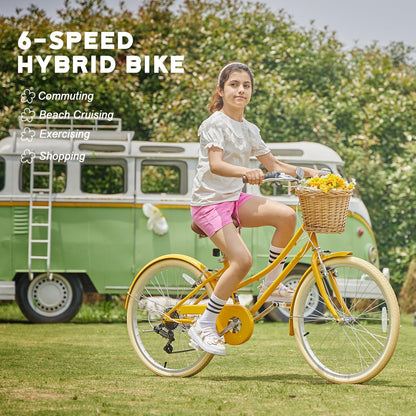 Glerc Missy Cruiserfiets, hybride stadsfiets met 6 Shimano-versnellingen, voor jeugd vanaf 6 jaar, 20, 24 en 26 inch wielen, met rieten mand, lichtgewicht, meerdere kleuren