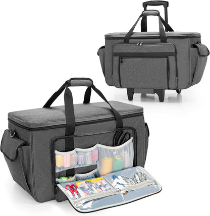 CURMIO Borduur- en Naaimachine Draagtas met Wielen, Rolbare Borduurmachine Tote Bag met Ondersteunende Bodemplaat voor Borduurmachine en Naaibenodigdheden, Grijs