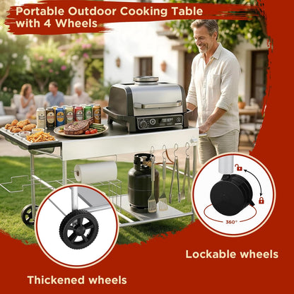 Denmay 128 x 66 x 78 cm Grillwagen voor Weber Q-serie, Ninja Woodfire, pizzaoven, tafelgrill, pizzaoven, serveerwagen met groot werkblad, outdoor grilltafel, keukenwagen, grillstandaard