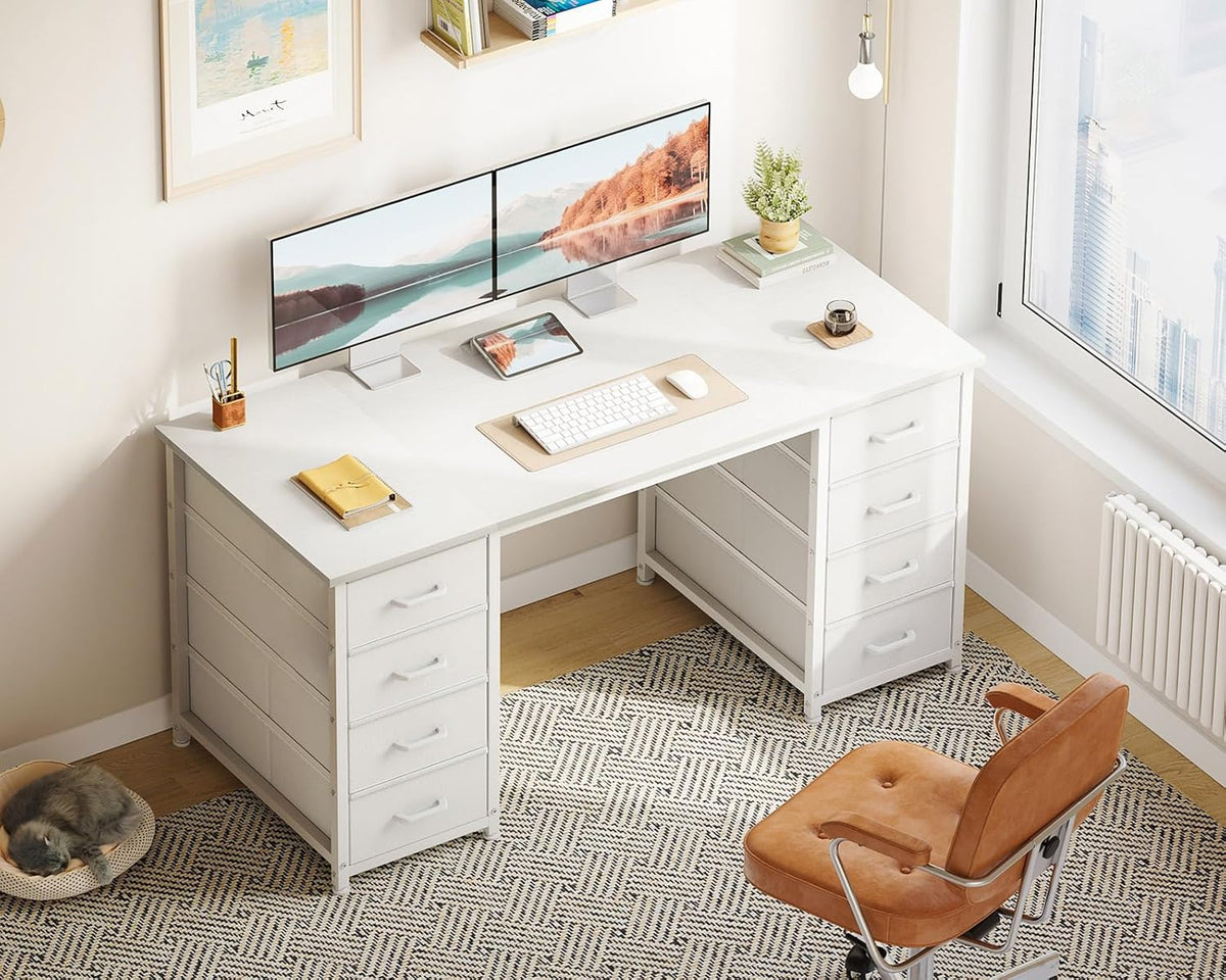 Coleshome Bureau met 8 Stoffen Laden, 120 x 48 cm, Wit Bureau met Opbergruimte, Computerbureau, Kantoortafel, Kantoortafel voor Kantoor, Woonkamer, Thuiskantoor
