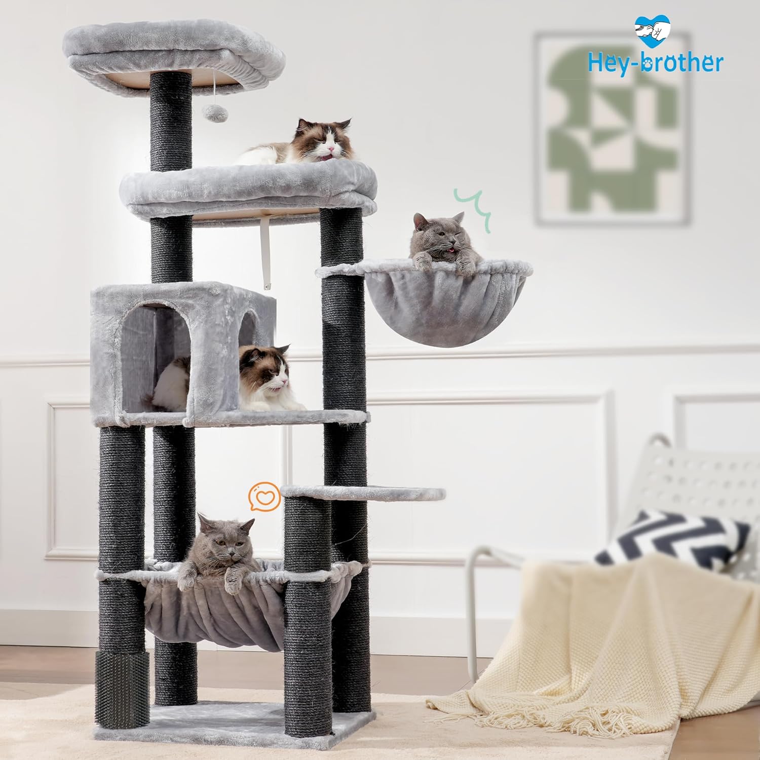 Hey-brother XXL Large Cat Tree for Maine Coon, 168 cm Cat Tree for Large Cats with Extra Large Hammock, Sisal Palissen (φ11 cm) and Climbing Rope, 2 Platforms, Hollow Basket, Light Grey EMPJ01W - QUORE