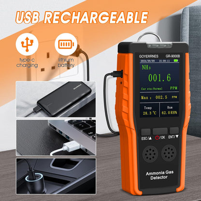 Ammoniak-gasdetector, draagbare NH3-gasdetector met alarm, temperatuur, luchtvochtigheid, digitale ammoniak-continue bewakingssensor, bereik 0-100 ppm, lcd-scherm, oplaadbaar, geschikt voor