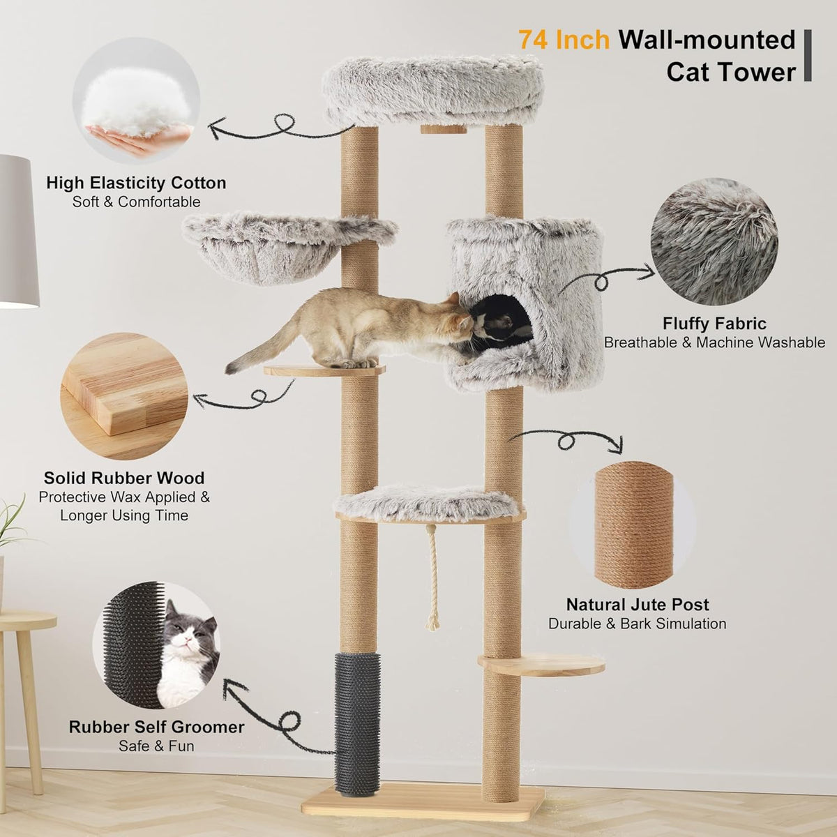 Krabpaal – Kattenboom – Kattenhuis – Kattenklimrek – Krabmat – Wandmontage – 188 cm Hoog – Natuurlijk Massief Rubberhout Met Jute Sisaltouw