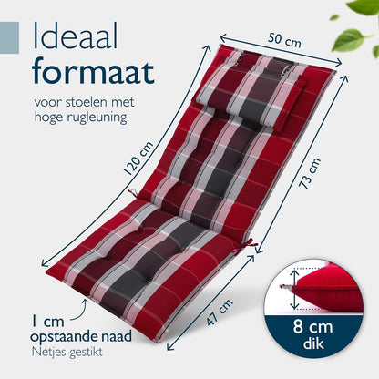 Beautissu Set van 8 Premium Hoge Rugleuning Kussen met Hoofdkussen 120x50 cm Sun-HL – UV-bestendig & 8cm Dik Kussen Tuinstoelkussen Antislip Bevestigingsbanden – Stevige Stof Rood Antraciet Gestreept