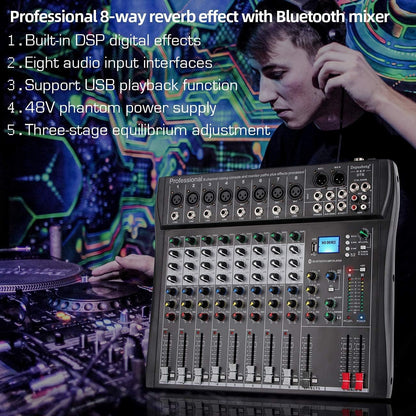 8-Kanaals Mixer Zwart – Mengpaneel, Mengtafel, Geluidsmixer, Mixconsole – Bluetooth, USB En MP3 – 48V Fantoomvoeding En 3-Bands EQ