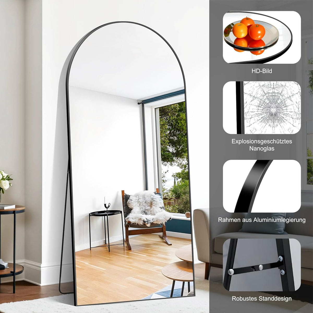 Staande Spiegel – Grote Spiegel – Full Body Spiegel – Wandspiegel – Boogvormige Spiegel – 192 x 85 cm – Aluminium Frame – Explosiebestendig Glas