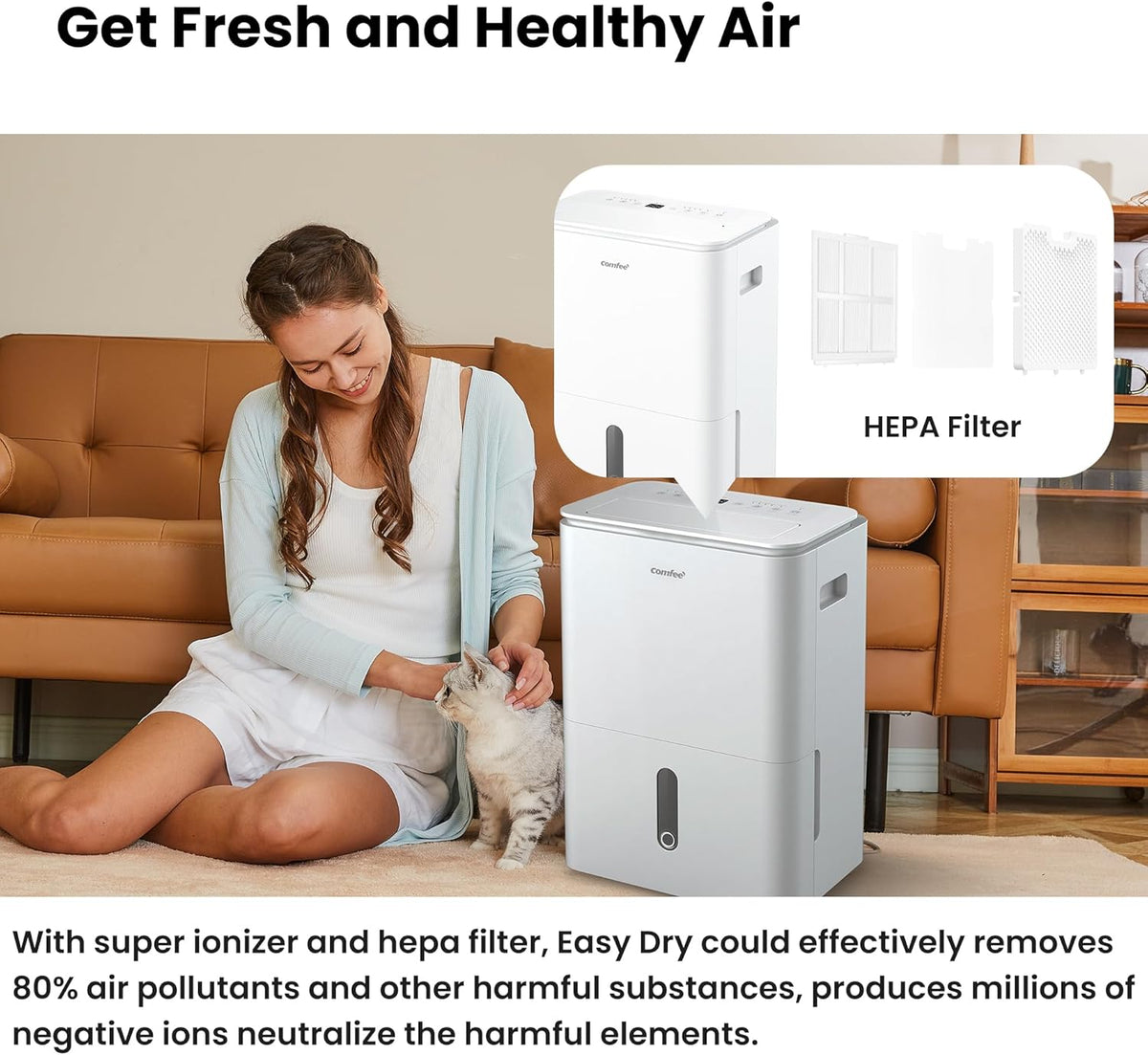 COMFEE luchtontvochtiger Easy Dry 16L/dag, 4 modi, luchtbevochtiger aangesloten, watertank 3 l, wasdroger, swingfunctie, voor ruimtes van 32㎡/80 m³