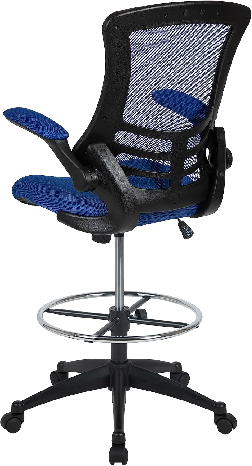 Flash Furniture Tekenstoel met middelhoge rugleuning, ergonomische bureaustoel met opklapbare armleuningen en verstelbare voetring, perfect voor thuiskantoor, blauw