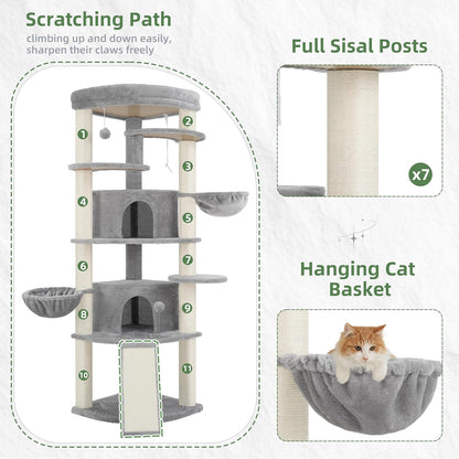 Corner Cat Tree for Indoor Cats, Cat Tower with All Sisal Scratching Posts, Multi-level Cat Condo wth 2 Large Cat Caves, Big Top Perch, 2 Hanging Baskets, Sisal Ramp, Light Gray GCT035W