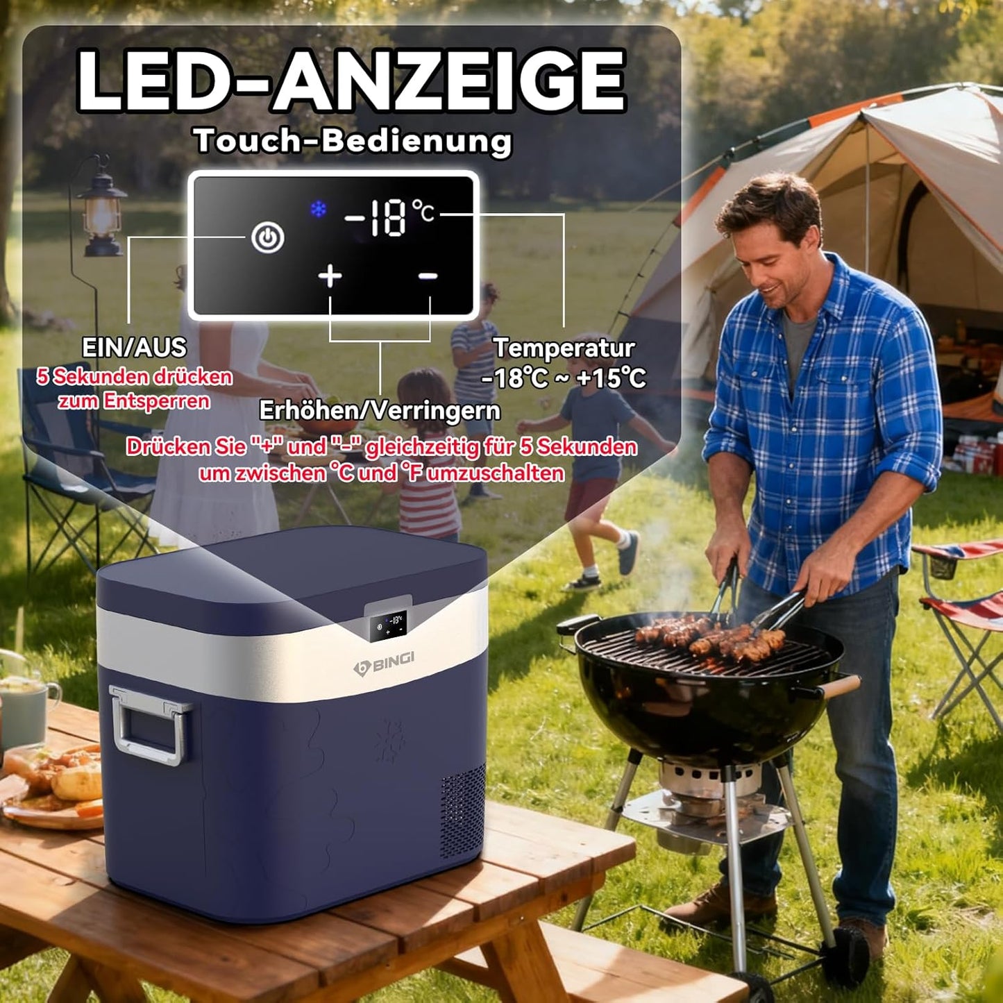 BINGI Compressor-koelbox, 22 l, mini-draagbare elektrische koelkast, 12/24 V DC, elektrische vriezer, draagbare vriezer voor auto, vrachtwagen, picknick, camping en thuisgebruik