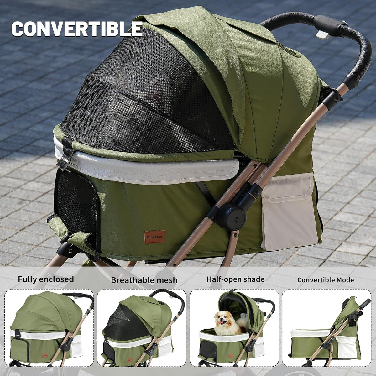 EchoSmile Opvouwbare hondenwagen, hondenbuggy tot 20 kg, voor kleine middelgrote honden en katten, hondenbuggy en kattenwagen met omkeerbare handgreep, schokdemping en afneembaar wasbaar kussen (groen