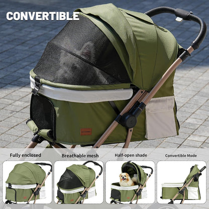 EchoSmile Opvouwbare hondenwagen, hondenbuggy tot 20 kg, voor kleine middelgrote honden en katten, hondenbuggy en kattenwagen met omkeerbare handgreep, schokdemping en afneembaar wasbaar kussen (groen