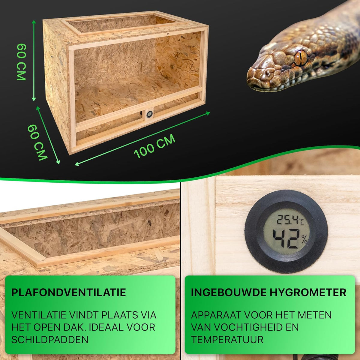 ITA Houten Terrarium 100x60x60 cm met Open Dak & Ingebouwde Hygrometer - Houten terrarium van OSB-3 platen - Voor reptielen, slangen, amfibieën - EU Product, FSC gecertificeerd