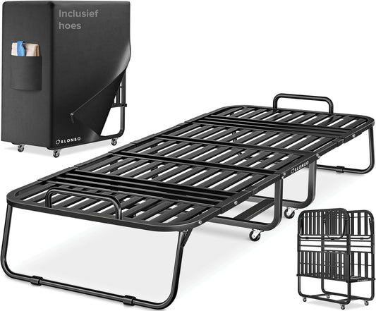 ELONEO Opklapbed 90x200 cm | Opvouwbaar logeerbed, belastbaar tot 250 kg | Opvouwbaar reisbed | Transportwielen | Beschermhoes