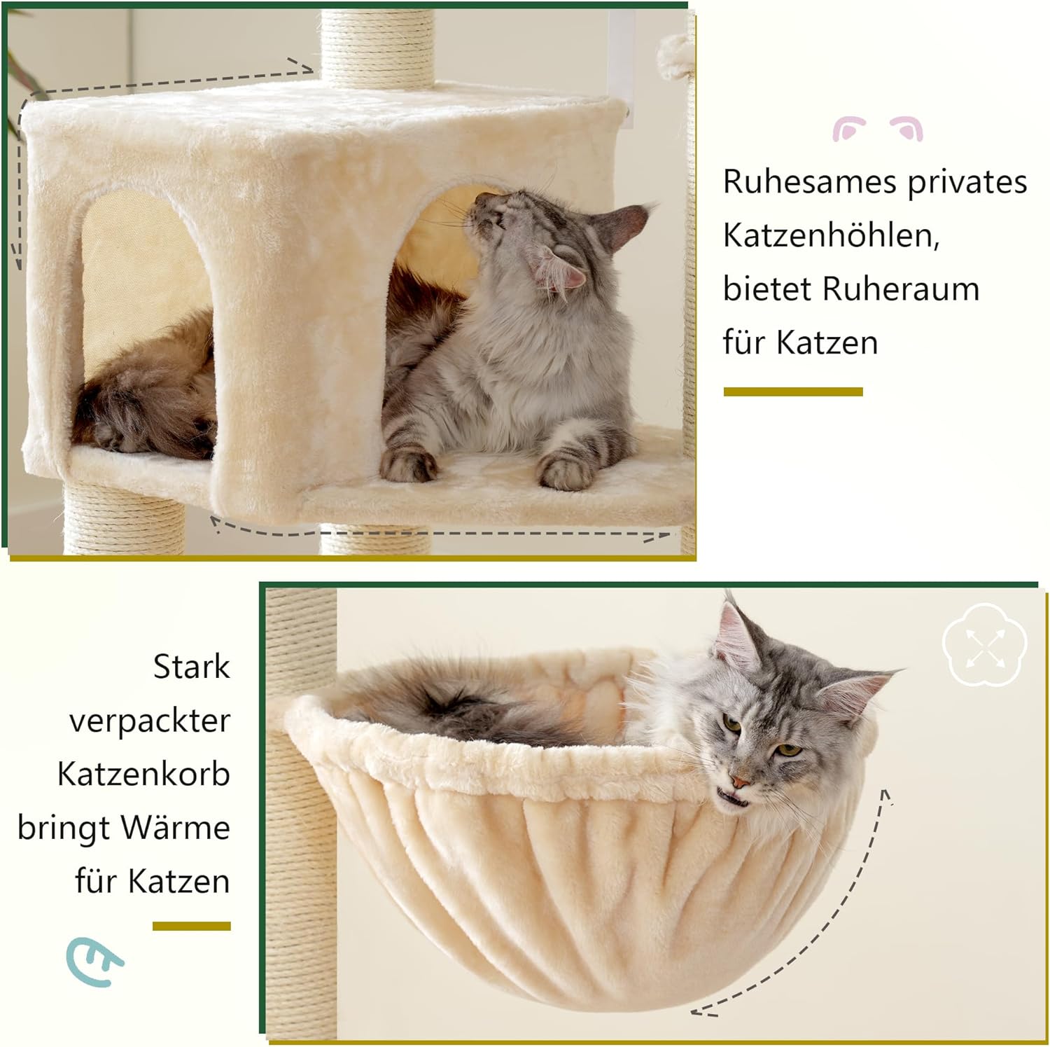 Krabpaal – Kattenboom – Kattenmeubel – Krabmeubel – Krabton – Extra Groot – 168 cm Hoog – 11 cm Sisal Palen – Grote Hangmatten – Beige - QUORE
