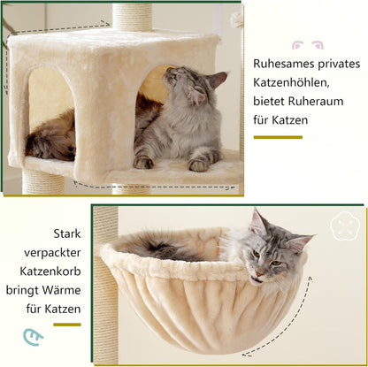 Krabpaal – Kattenboom – Kattenmeubel – Krabmeubel – Krabton – Extra Groot – 168 cm Hoog – 11 cm Sisal Palen – Grote Hangmatten – Beige - QUORE