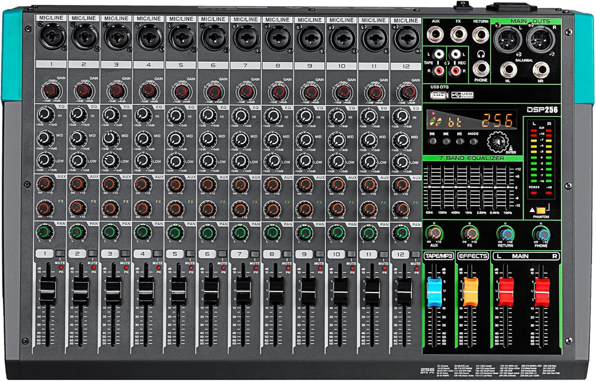12-Kanaals Audio Mengpaneel – Mixer, Soundboard, Console, Audiomixer – Bluetooth, USB & 99 Reverb Effecten – 48V Fantoomvoeding