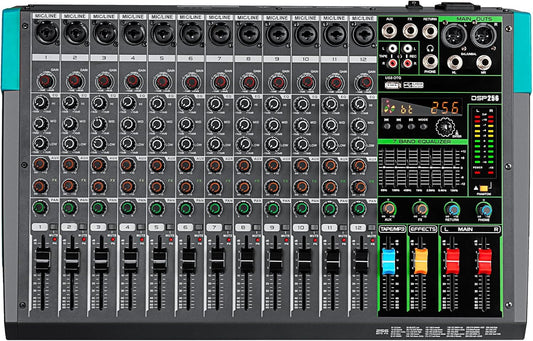12-Kanaals Audio Mengpaneel – Mixer, Soundboard, Console, Audiomixer – Bluetooth, USB & 99 Reverb Effecten – 48V Fantoomvoeding