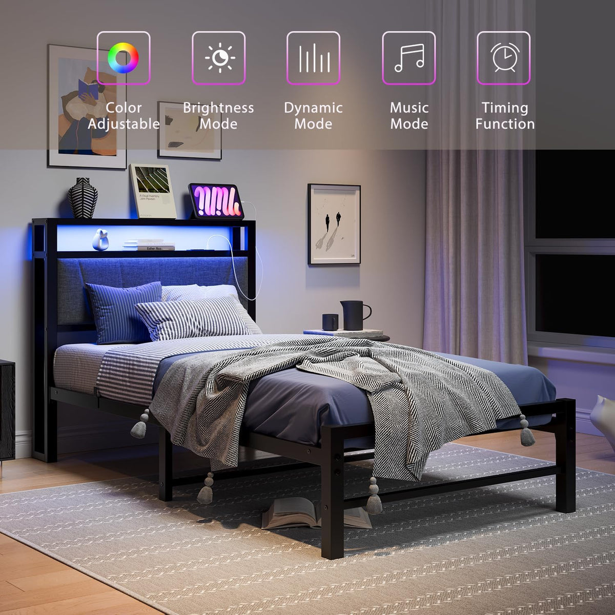 3ft eenpersoonsbedframes met opberghoofdeinde, laadstation/LED-verlichting, metalen gestoffeerd platformbedframe eenpersoons, geen boxspring nodig, ondersteuning voor sterke metalen