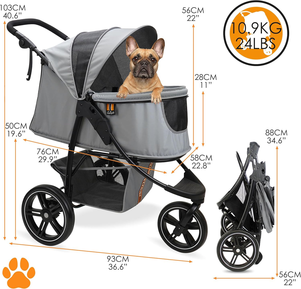 COOPER Hondenwagen en huisdierbuggy tot 32 kg, met opbergmand voor boodschappen, eenvoudig opvouwbaar, 3-voudig in hoogte verstelbaar, reflecterend en modern design, grijs
