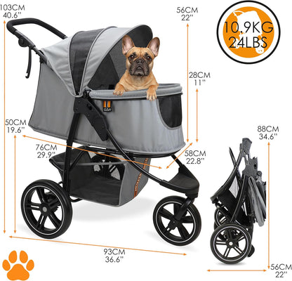 COOPER Hondenwagen en huisdierbuggy tot 32 kg, met opbergmand voor boodschappen, eenvoudig opvouwbaar, 3-voudig in hoogte verstelbaar, reflecterend en modern design, grijs