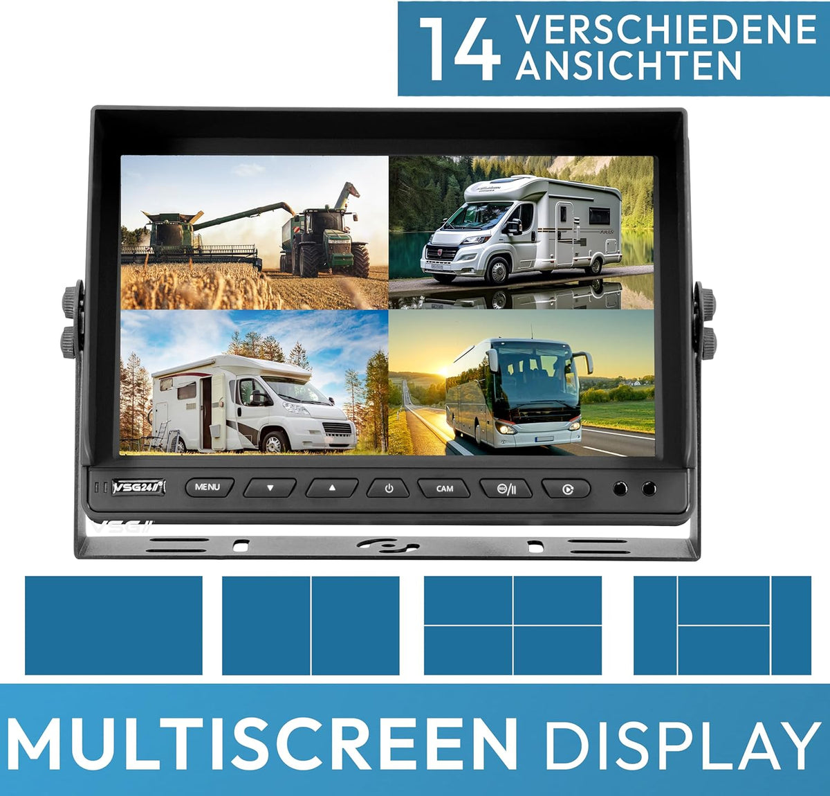 VSG24 7"professionele achteruitrijmonitor / 12-24 volt/afstandslijnen/spiegelend beeld / 2 video-ingangen/off-vertraging/e-goedkeuring/camerastroomvoorziening/elect-serie 22D. 10" QUAD Rückfahrmonitor