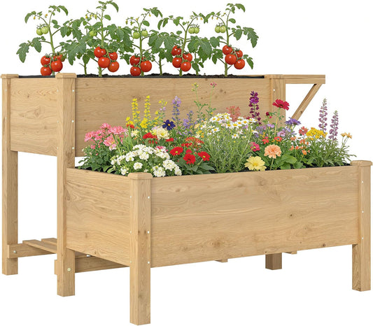 Outsunny Verhoogde Plantenbak 2-lagen met Vliesstof, Drainagegaten en Zijtafel, Hout, Groente- en Bloemenbak voor Tuin Balkon 119,5 x 102 x 76,5 cm Lichtbruin - QUORE