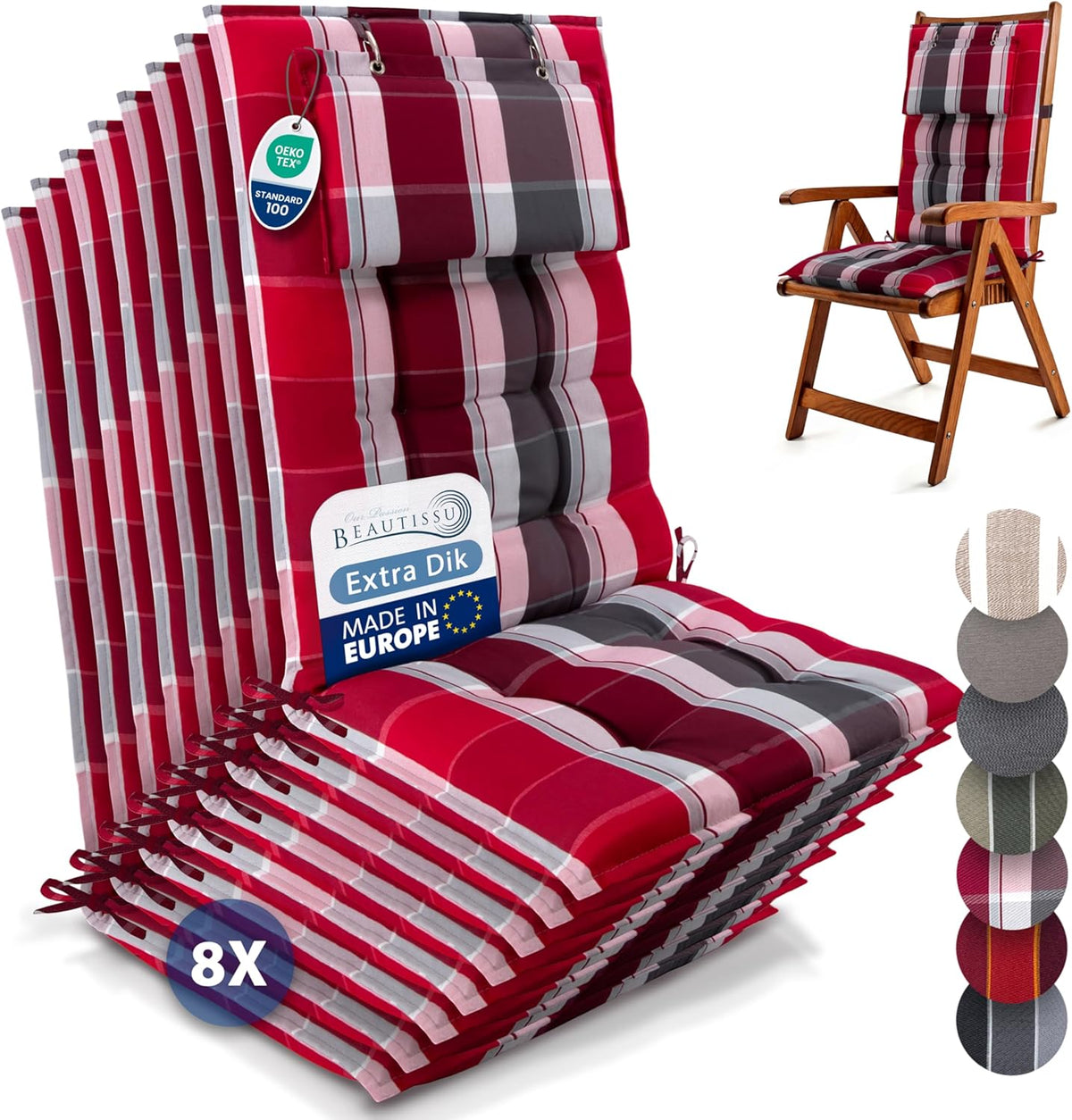 Beautissu Set van 8 Premium Hoge Rugleuning Kussen met Hoofdkussen 120x50 cm Sun-HL – UV-bestendig & 8cm Dik Kussen Tuinstoelkussen Antislip Bevestigingsbanden – Stevige Stof Rood Antraciet Gestreept