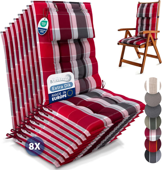 Beautissu Set van 8 Premium Hoge Rugleuning Kussen met Hoofdkussen 120x50 cm Sun-HL – UV-bestendig & 8cm Dik Kussen Tuinstoelkussen Antislip Bevestigingsbanden – Stevige Stof Rood Antraciet Gestreept