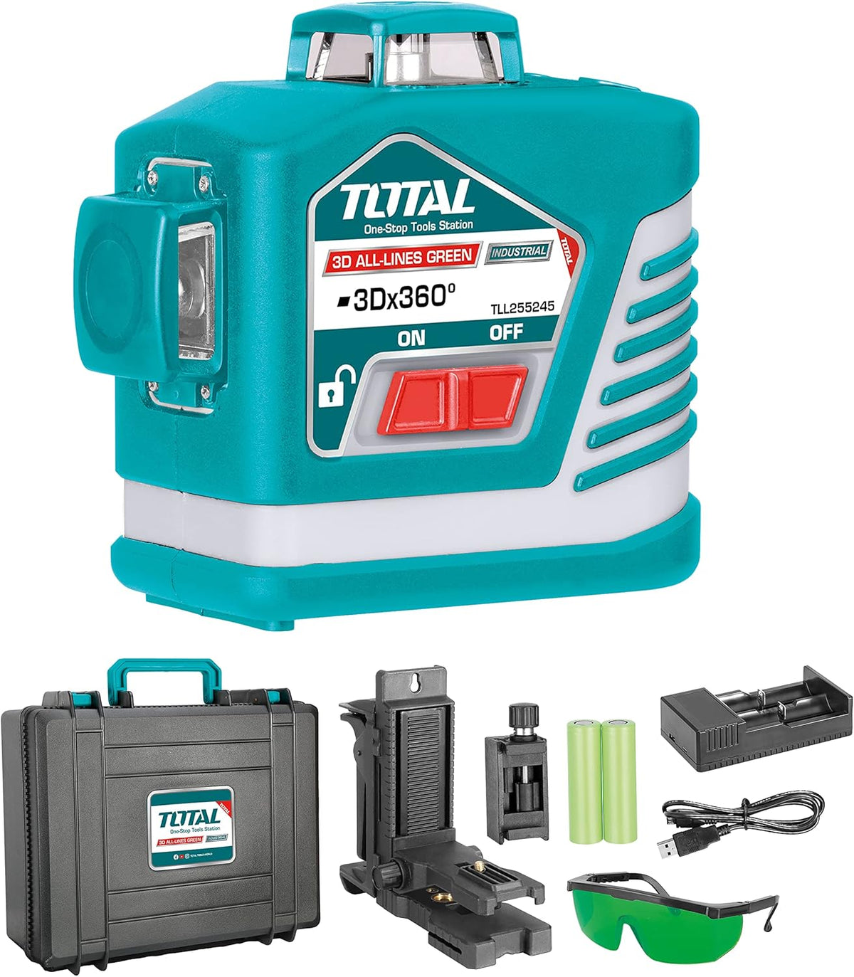 TOTAL - 3D Laserwaterpas - 360° bereik - Met groene laserpointer - Bereik tot 30 m - Inclusief veiligheidsbril, houder en robuuste koffer