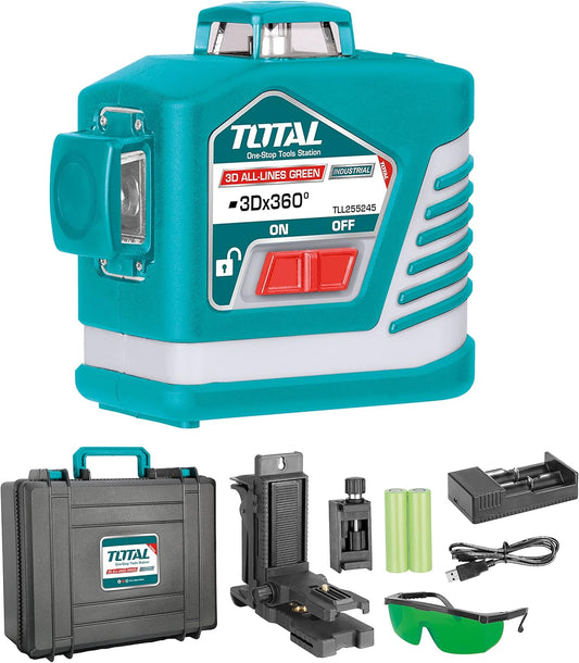 TOTAL - 3D Laserwaterpas - 360° bereik - Met groene laserpointer - Bereik tot 30 m - Inclusief veiligheidsbril, houder en robuuste koffer