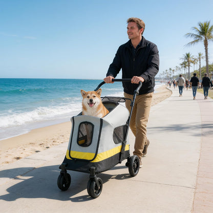 BingoPaw Hondenwagen voor kleine honden, opvouwbare hondenbuggy tot 20 kg, hondrolley met 4 wielen, 3 netramen, verstelbare handgreep, veiligheidsgordel, voor boswandeling, stadswandeling en